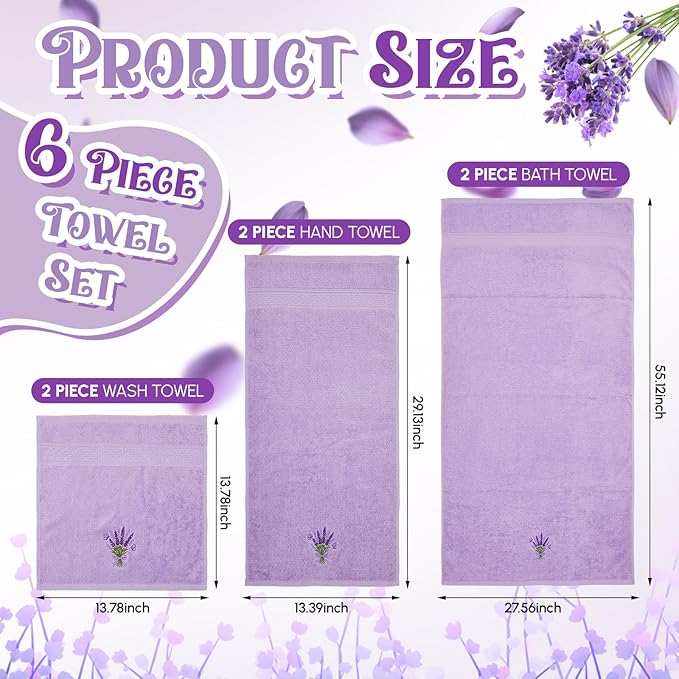 Peryiter 6 Pack Cotton Purple Lavender Bath Towels Set Christmas Towels for Bathroom, Soft and Absorbent, Contains 2 Bath Cloth, 2 Hand Cloth and 2 Washcloths
