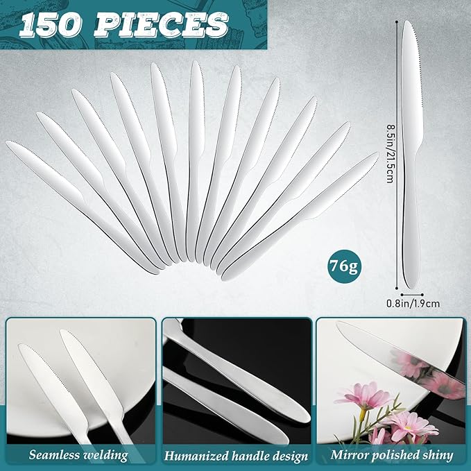 Nuenen 150 Pieces Dinner Knives Set, 8.3 Inches Durable Butter Knife Stainless Steel Serrated Table, Steak Silverware for Home, Restaurant, Kitchen, Dishwasher Safe and Mirror Polished