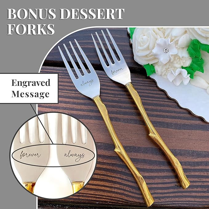 Wedding Cake Knife and Server Set with Gold Branch and Leaf Handles - 4-Piece Cake Cutting Set for Weddings with Engraved Forks - Rustic Gold Cake Cutter & Serving Gift Box