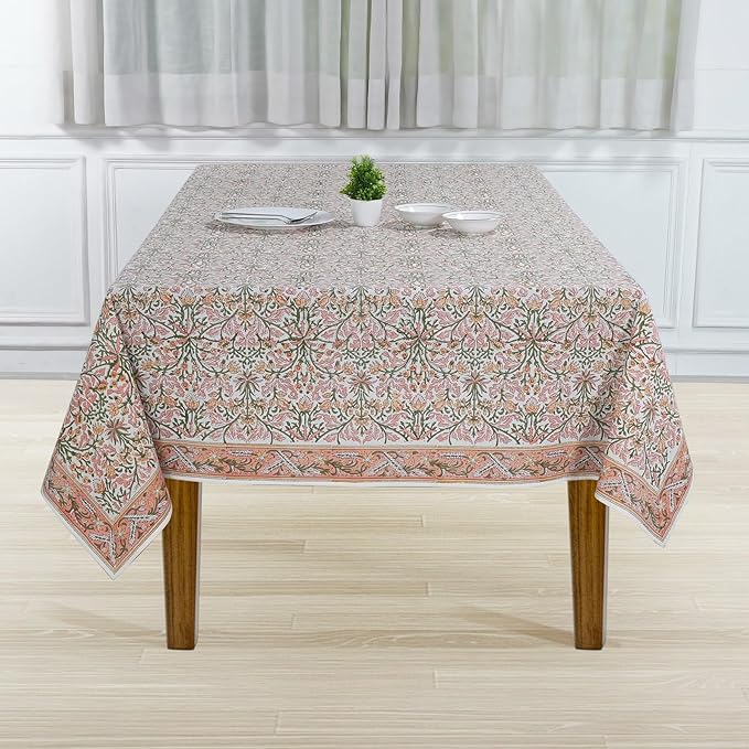 Ridhi Sassy Salmon and Emerald Green Hand Block Print Cotton Cloth Dinning Table Cover Wedding Farmhouse Thanksgiving Christmas Spring Fall Tablecloth 4 Seater 60x60 Inches Square