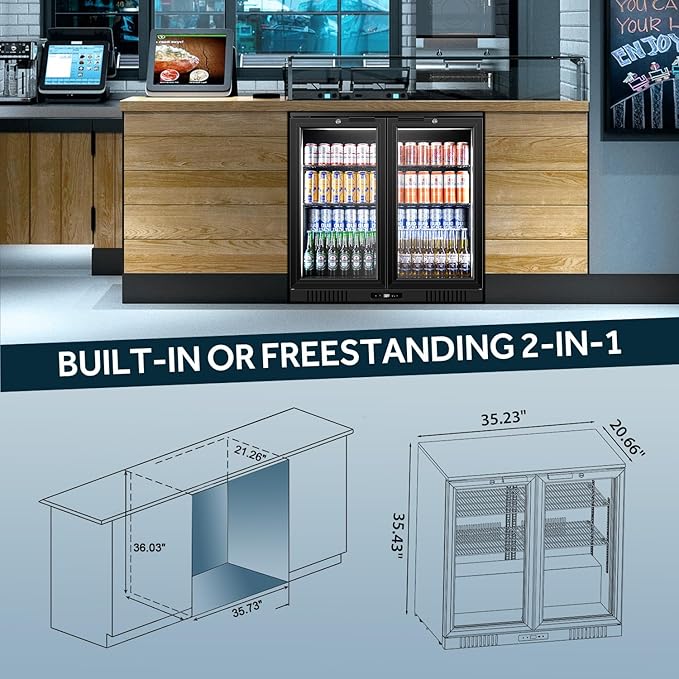 Tylza Back Bar Cooler With 2 Glass Doors, 7.2 Cu.Ft Under Counter Back Bar Refrigerator with LED Lighting, Safety Locks, Counter Height Bar Beverage Cooler for Beer, Soda Drinks, Wine, Black