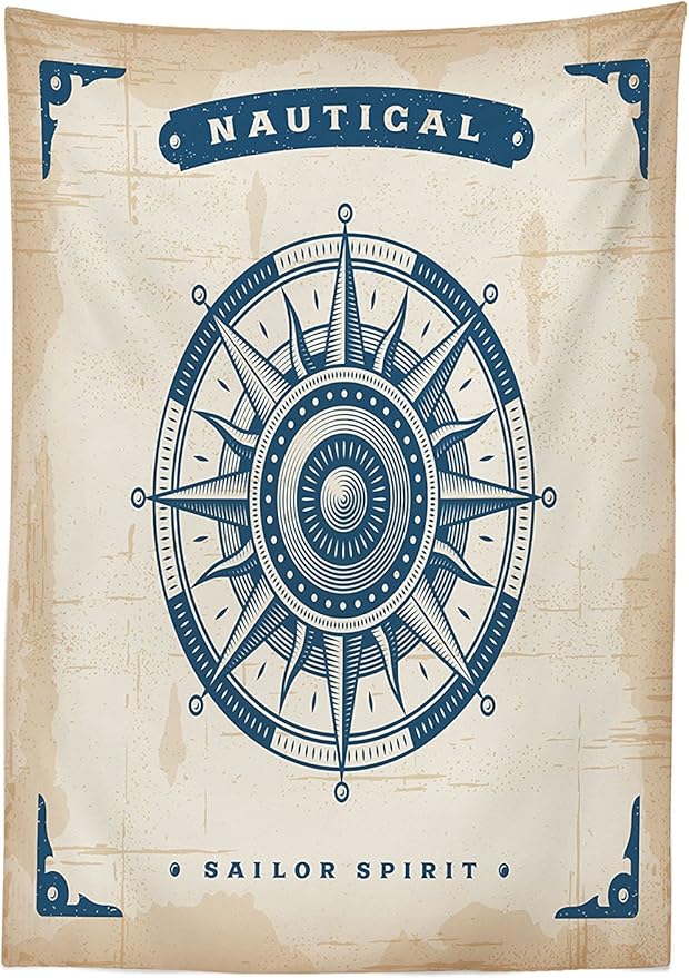 Ambesonne Compass Tablecloth, Compass Illustration with Lettering Nautical Ocean Adventure Themed Print, Rectangular Table Cover for Dining Room Kitchen Decor, 52" X 70", Night Blue