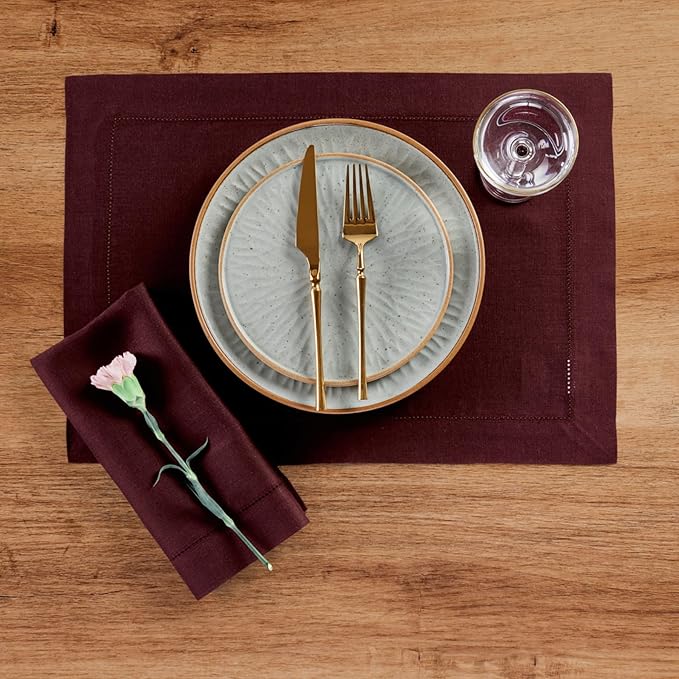 Solino Home Linen Cloth Placemats Set of 4 - 100% Pure Linen Hemstitch Burgundy Placemats 14 x 19 Inch - Classic Hemstitch Table Place Mats for Holiday, Winter, Valentines