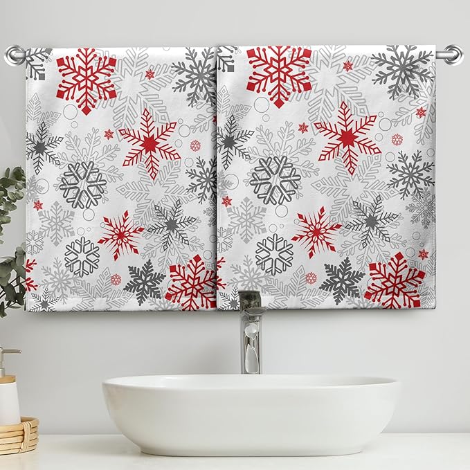 Snowflakes Winter Kitchen Dish Towels Gray Red Snow Hand Towels for Bathroom Xmas Decorations Tea Towel Soft Portable for Home Accessories
