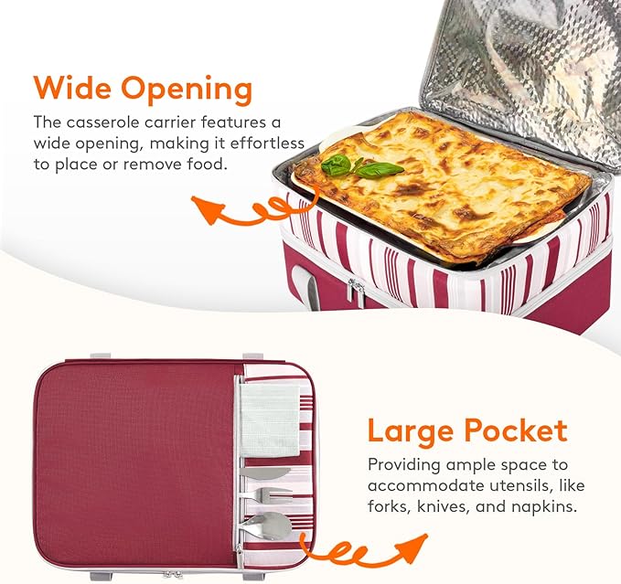 Lifewit Double Decker Insulated Casserole Carrier for Hot or Cold Food, Casserole Dish with Lid and Carrying Case, Lasagna Holder for Potluck Parties/Picnic/Cookouts, Fits 9"x13" Baking Dish, Red