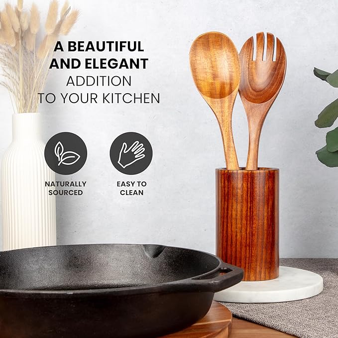 Zulay Kitchen Teak Wood Utensil Set – 2 Piece Large Wooden Salad Serving Spoon and Fork, Handcrafted Natural Teak Wood Kitchen Utensils, Durable, Nonstick Safe & Smooth Finish