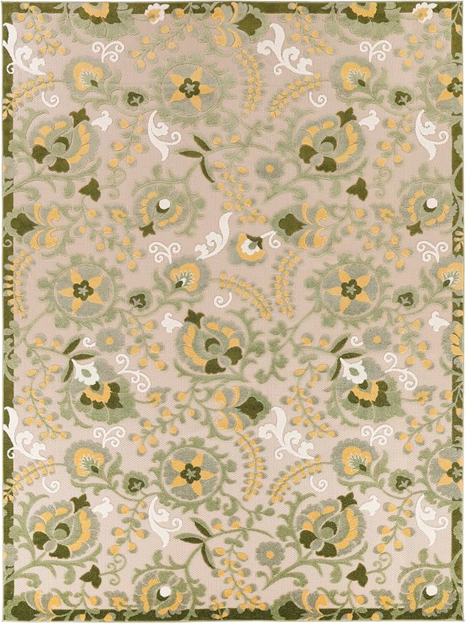 Nourison Home Aloha Ivory Green 9' x 12' Area Rug - Easy Clean, Non Shedding, Bed Room, Living Room, Dining Room, Kitchen (9' x 12')