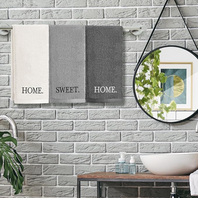 3 Pcs Farmhouse Decorative Hand Towels for Bathroom and Kitchen Rustic Embroidered 100% Cotton Hand Towels Decorative Set for Boho Bathroom Decor (Gray,Home Sweet Home)