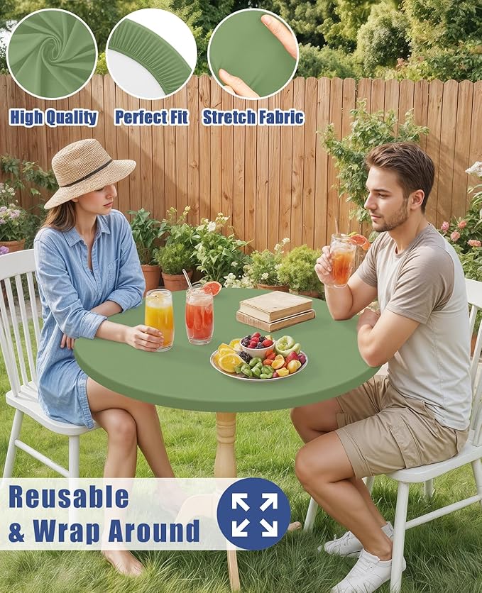 Round Spandex Tablecloth, Elastic Fitted Waterproof Tablecloths for 45"-56" Tables, Stretch Washable Picnic Table Cover for Camping, Dining, Indoor and Outdoor, Sage Green