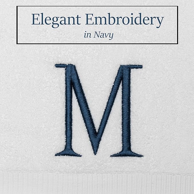 Monogrammed Hand Towels for Bathroom - Luxury Hotel Quality Personalized Initial Decorative Embroidered Bath Towel for Powder Room, Spa - GOTS Organic Certified - Set of 2 Navy Letter M