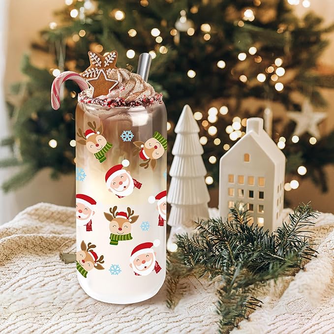 Joeyan Christmas Glass Cups with Lids and Straws,20 oz Iced Coffee Tumbler with Santa Claus and Elk Patterns,Cute Can Shaped Beer Drinking Glasses,Holiday Gifts for Women Mom Friend
