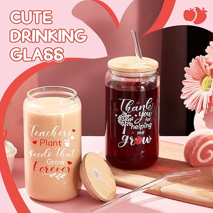 4 Pcs 16 oz Christmas Teacher Gifts for Women Teacher Appreciation Gifts Thank You Coffee Cup Tumbler Drinking Glass Beer Cups with Bamboo Lids Glass Straw Cleaning Brush for Employee Staff(Classic)