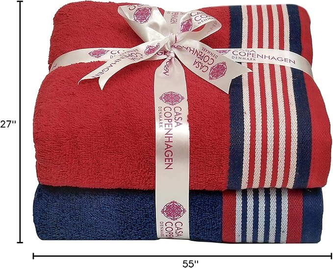 CASA COPENHAGEN He & She 6 Pieces Towel Set- American Blue + Red, 550 GSM 2 Bath Towel 2 Hand Towel 2 Washcloth, Designed in Denmark Made of Soft Egyptian Cotton for Bathroom, Kitchen & Shower