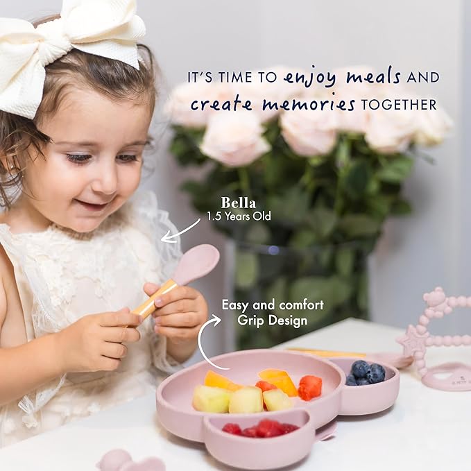 Silicone Baby Feeding Set - Complete Baby Led Weaning Supplies with Non-Toxic Silicone Bibs, Suction Plates, Suction Baby Bowl, Sippy Cup, Baby Spoons and Fork, Toddler Utensils (Baby Sky)