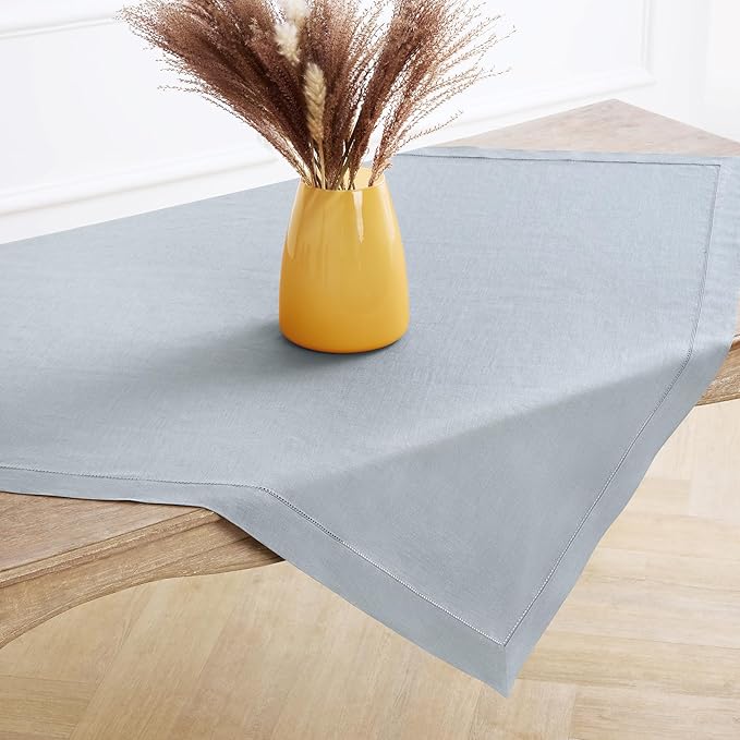 Solino Home Linen Tablecloth 52 x 52 Inch - 100% Pure Linen Dusty Blue Square Tablecloth - Classic Hemstitch, Machine Washable Table Throw for Winter