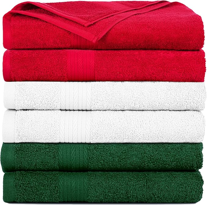 Ample Decor Hand Towel for Bathroom 100% Cotton 18 X 28 Inch 600 GSM Soft - 6 pcs Christmas White, Red & Green