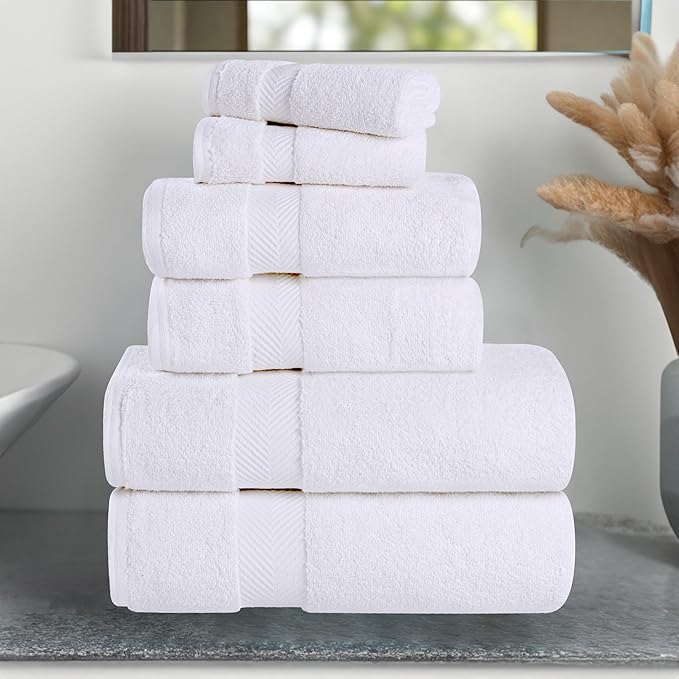 Superior Zero Twist 100% Cotton Bathroom Towels, Super Soft, Fluffy, and Absorbent, Premium Quality 6 Piece Towel Set with 2 Washcloths, 2 Hand Towels, and 2 Bath Towels, White