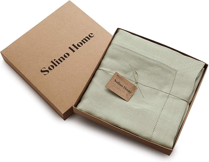 Solino Home Linen Sage Green Tablecloth 60 x 144 Inch - Classic Hemstitch, 100% Pure Linen Rectangular Tablecloth - Machine Washable Table Cloth for Winter, New Year