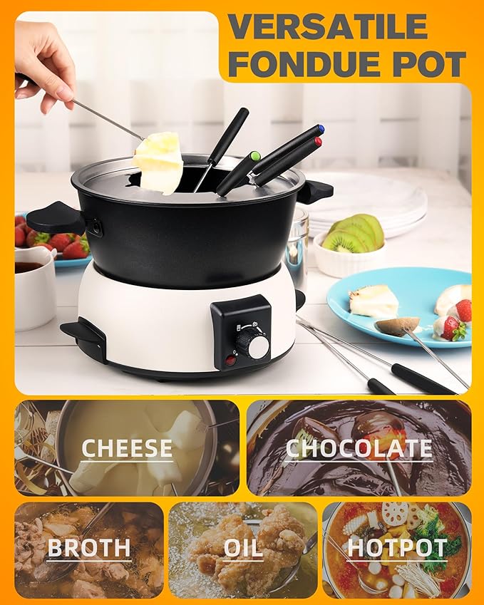 3-Quart Electric Fondue Pot Set – Stainless Steel Fondue Pot with 8 Color-Coded Forks, 3-Mode Adjustable Temperature Control for Cheese, Chocolate, Oil, and Hotpot, Model FD-10B