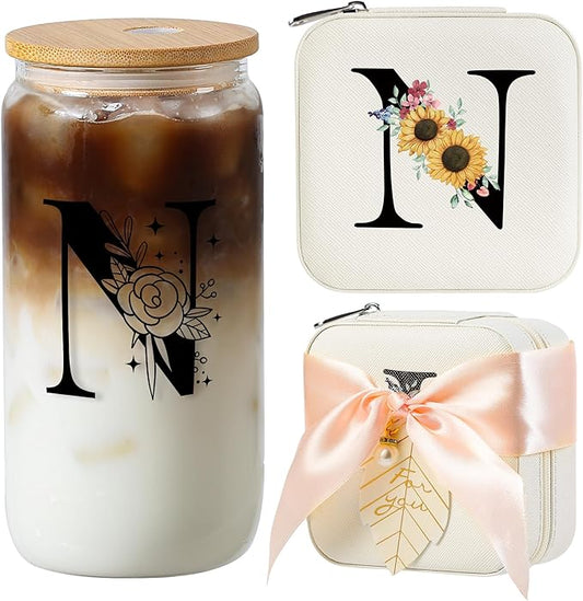 AYGXU Initial Glass Cup,Monogrammed Gifts, Small jewelry travel case,Travel Jewelry Box for Women Teen Girls,Travel Essentials,Cute Tumbler Cup with lid,Travel Jewelry Organizer,Initial white N