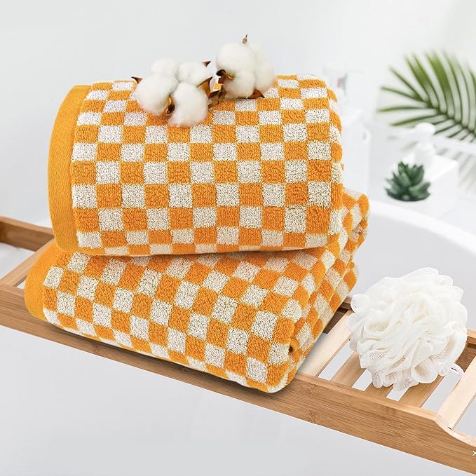 Jacquotha Orange Shower Towels for Bathroom Set of 2, Cotton Bath Towel Drying Body Hand Face Luxury 480 GSM Medium Thickness (Checkered), Fall Decor