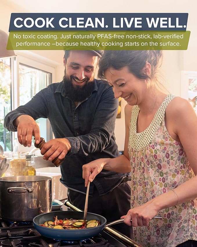 Nuwave Healthy G11-Pots and Pans Set Non Stick, 9H Near-Diamond Hardness Scratch-Resistant, Works on All Stovetops, PFAS Free, with Frying Pans, Saucepans & Glass Lids, Stay-Cool Handles, Deep Blue