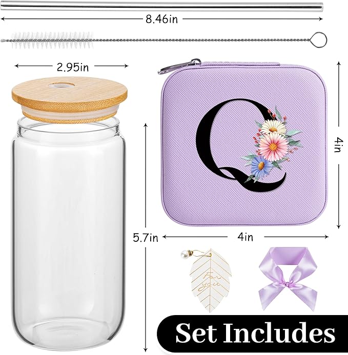 AYGXU Purple Glass Cup with Bamboo Lid and Straw - Teacher Appreciation Gift for Women - End of Year Gift - Aesthetic Travel Cup