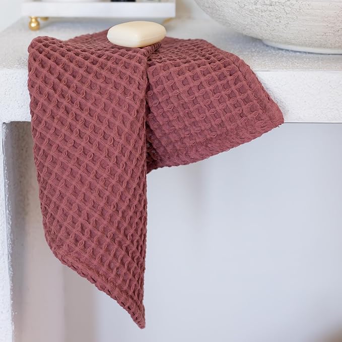 2-Piece Waffle Towels Set for Bathroom Dark Red - Soft 100% Turkish Cotton Quick-Dry Lint-Free Waffle Weave Thin Bath and Hand Towels (Dark Red, Set of 2 Mix Towels)