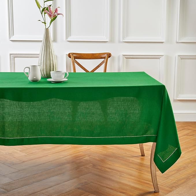 Solino Home Garden Green Linen Tablecloth 60 x 120 Inch - 100% Pure Linen Hemstitch Table Cloth for Rectangle Tables - Classic Hemstitch, Machine Washable Tablecloth for Winter, New Year