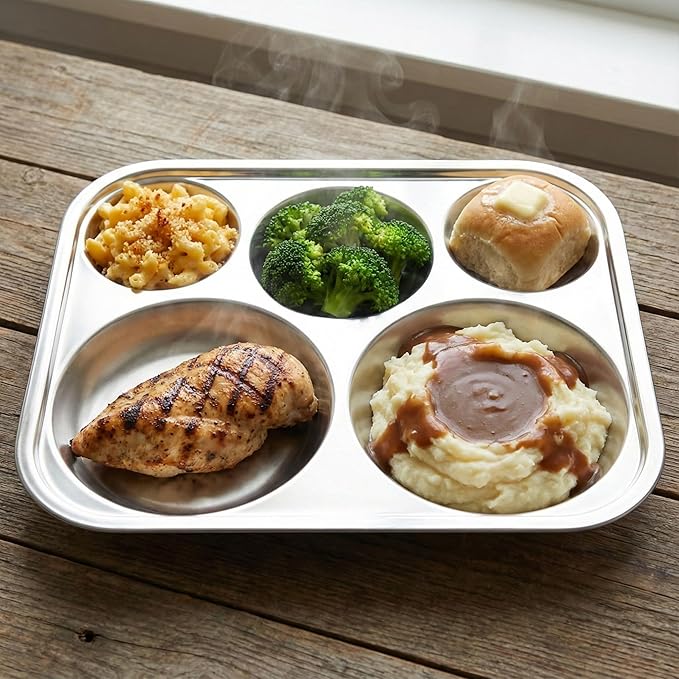 Korean Stainless Steel Divided Plates, Food Grade 304 Tray Large Size for Adults, Teens, Picky Eaters, Campers, BPA Free, Diet Portion Control, Serving Platter, Dinner Snack, Set of 2