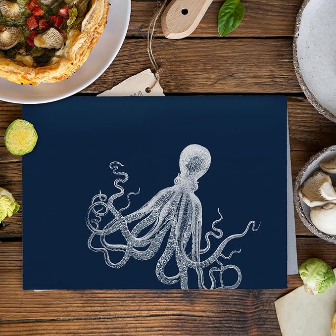 Coastal Octopus Beach Decor Dish Hand Tea Towels for Bathroom Kitchen, Octopus Ocean Nautical Beachy Bathroom Decor, Coastal Nautical Kitchen Towels and Dishcloths Sets of 2, 16x24 Inches