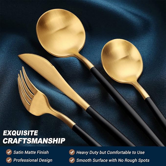 EUIRIO 48-Piece Matte Black&Gold Silverware Set with Steak Knives, Flatware Set for 8, Stainless Steel Forks and Spoons Silverware Sets, Cutlery Utensils Set, Satin Finish & Dishwasher Safe