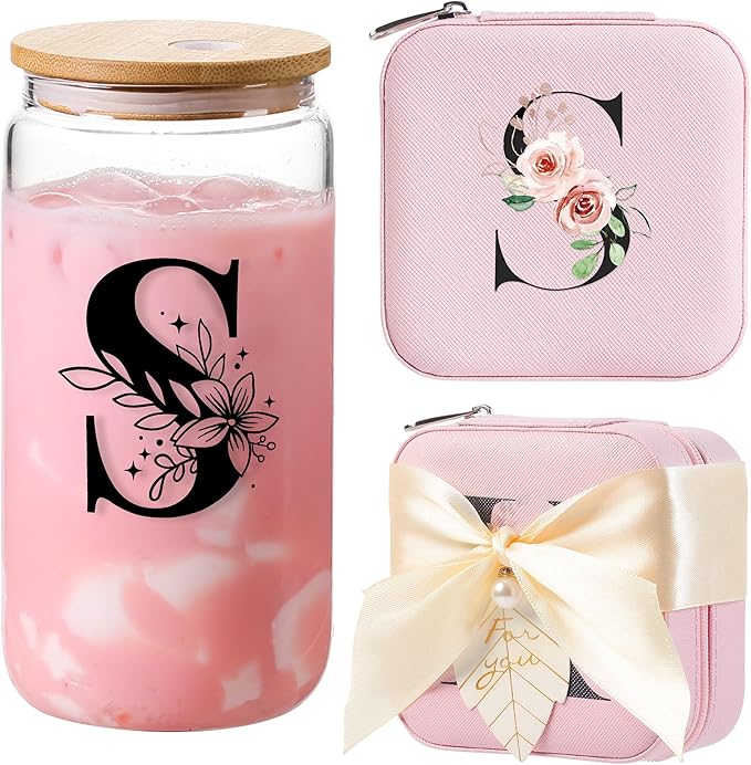 AYGXU Initial glass cups with lids and straws,personalized gifts for women,iced coffee cups,travel jewelry case organizer,small jewelry travel case,jewelry box for girls.Initial S pink