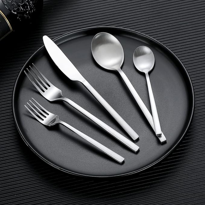 40-Piece Silver Silverware Set, Rectangular Flatware Set for 8, Matte Stainless Steel Cutlery Set, Home Essentials and Kitchen Utensils Set, for Restaurant, Party And Wedding, Dishwasher Safe