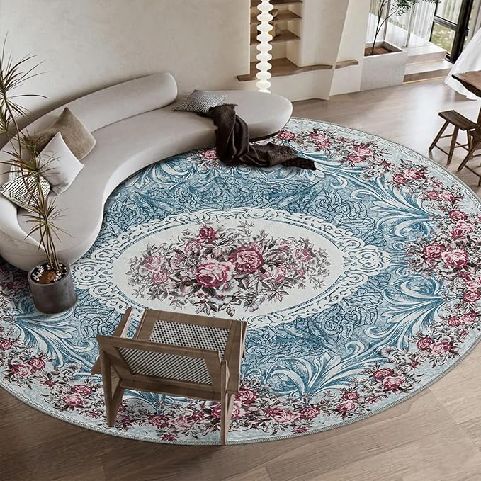 Easy-Going Round Rug 5ft Area Rug Washable Floral Circle Rugs for Living Room Non-Slip Bedroom Rug Low Pile Lightweight Retro Flowers Throw Rug for Dining Room Kitchen Home Home Office, Teal Red