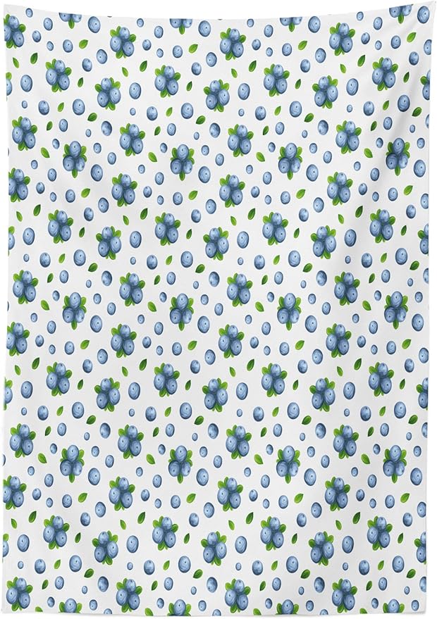Ambesonne Fruit Tablecloth, Blueberries Ripe Juicy Fruits Summer Food Watercolor Painting Art Style Print, Rectangular Table Cover for Dining Room Kitchen Decor, 60" X 84", White Green Blue