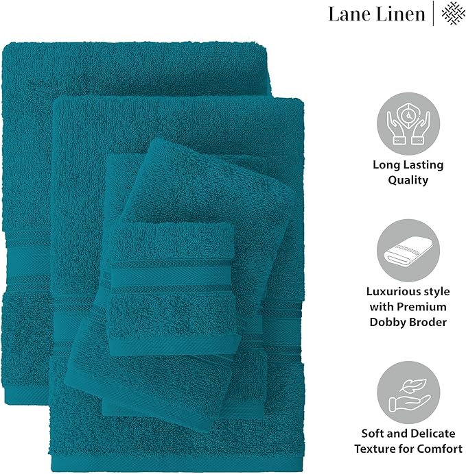 LANE LINEN 18Pc 100% Cotton Bath Towels – 6 Bath, 6 Hand Towel & 6 Washcloths, Zero Twist, Absorbent Softness for Daily Use, Perfect for Airbnb, Spa & Hotel, Machine Washable – Sea Port