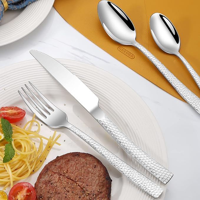 45-Piece Silverware Set with Serving Utensils Set, Silver Hammered Stainless Steel Flatware for 8, Food-Grade Tableware, Including Fork, Knife, Spoon Set, Home Kitchen Cutlery, Dishwasher Safe