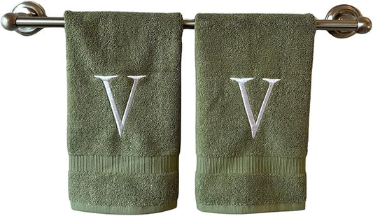 Sage Initial Hand Towel for Bathroom - Monogrammed Luxury Hotel Quality Decorative Embroidered Towel for Powder Room, Spa - GOTS Organic Certified - Set of 2 Letter V