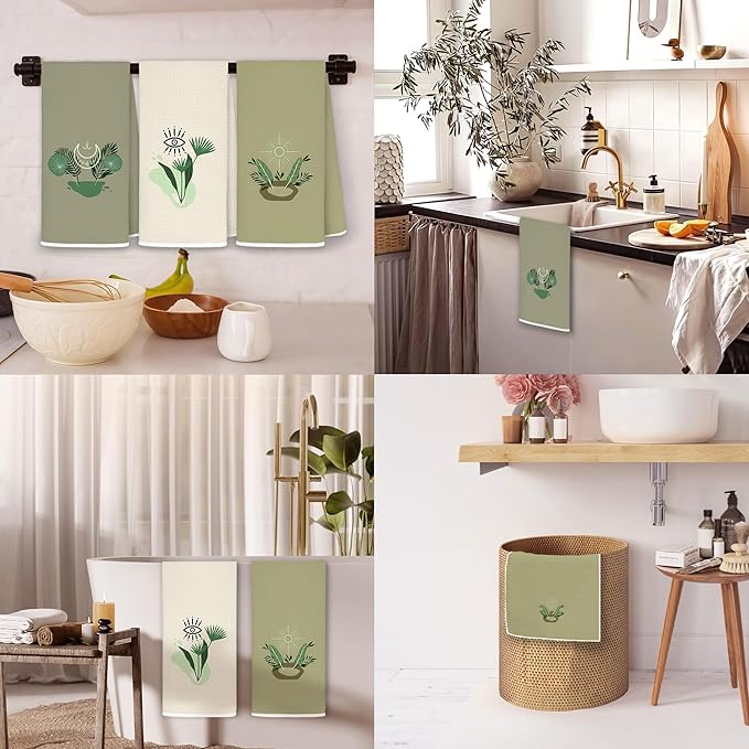 Sage Green Boho Botanical Kitchen Dish Towels, Mystical Witchy Celestial Sun and Moon Evil Eye Decorative Hand Towel for Bathroom, Boho Witchy Kitchen Bathroom Decor, 16x24 Inch Set of 3