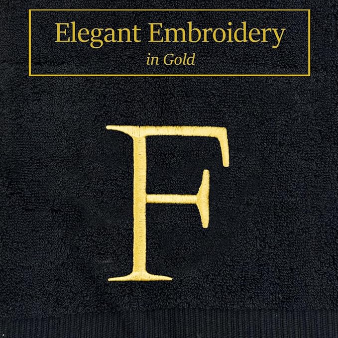 Black Monogrammed Hand Towel for Bathroom - Initial Hotel Quality Decorative Embroidered Luxury Towel for Powder Room, Spa - GOTS Organic Certified - Pack of 2 - Letter F
