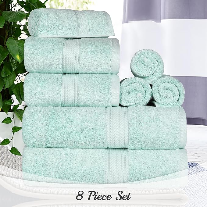 Superior Egyptian Cotton Pile 8 Piece Towel Set, Includes 2 Bath, 2 Hand, 4 Face Towels/Washcloths, Ultra Soft Luxury Towels, Thick Plush Essentials, Guest Bath, Spa, Hotel Bathroom, Sea Foam