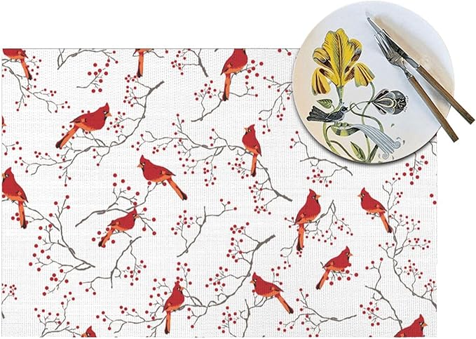Cardinal Bird Red Berry Decor Placemats Set of 4 Linen 12x18 Inch, Decorative Table Mats for Kitchen Dining Table Heat Resistant Washable Place Mats Home Holiday Decor