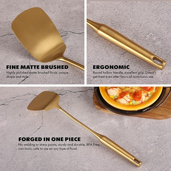 Gold Cooking Utensils Set - 18/10 Stainless Steel Small and Large Spoons Set, 16 PCS All Metal Kitchen Tools, Serving Utensils - Whisk, Masher, Fork, Tongs, Spatula, Turner, Ladle, Skimmer, Pasta