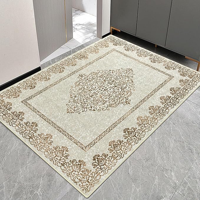 Easy-Going Boho Neutral Area Rug 3x5 Entryway Rug Washable Inside Door Mats for Home Entrance Non-Slip Floral Brown Small Rugs for Entry Living Room Bedroom Kitchen Bathroom Office Lightweight Carpet