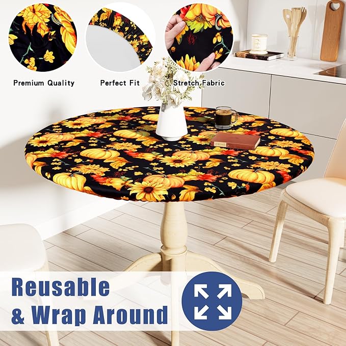 Round Spandex Thanksgiving Tablecloth, Elastic Fitted Waterproof Tablecloths for 45"-56" Tables, Stretch Washable Picnic Table Cover for Autumn Harvest Parties, Pumpkin Sunflower