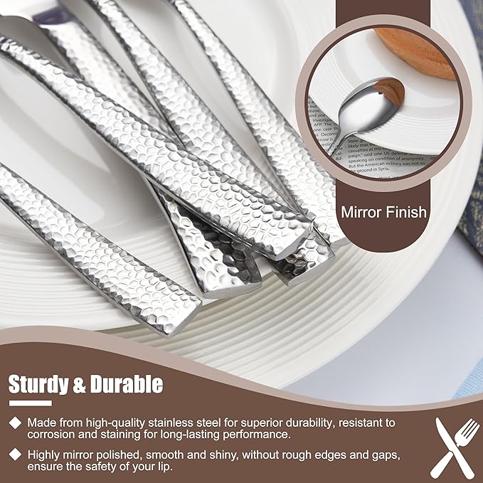 40 Piece Hammered Silverware Set, Stainless Steel Flatware Set for 8, Food Grade Cutlery Set for Home, Party, Wedding, Mirror Polished Dishwasher Safe