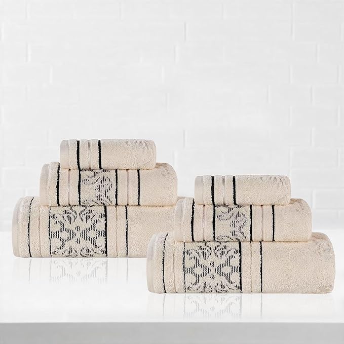 Superior Cotton 6 Piece Towel Set, 2 Bath, 2 Hand, 2 Washcloth/Face Towels, Quick Dry, Home Essentials, Shower, Spa, Luxury Plush Soft Absorbent Towels, Zero-Twist, Jacquard Floral, Ivory