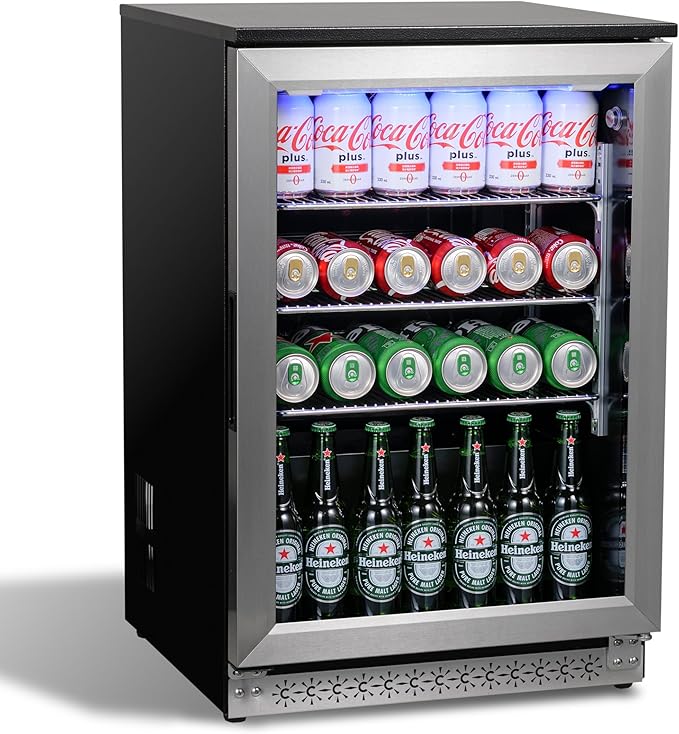 20 Inch Under Counter Beverage Fridge with Glass Door, Beverage Refrigerator Cooler 120 Can,Built in or Freestanding,Fast Cooling,Quiet ≤39 dBs,Blue LED Light Cooler for Bar, Home, Office