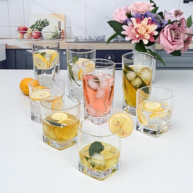 Everyday Drinking Glasses Set of 8 Drinkware Kitchen Glasses for Cocktail, Iced Coffee, Beer, Ice Tea, Wine, Whiskey, Water, 4 Tall Highball Glass Cups & 4 Short Old Fashioned.